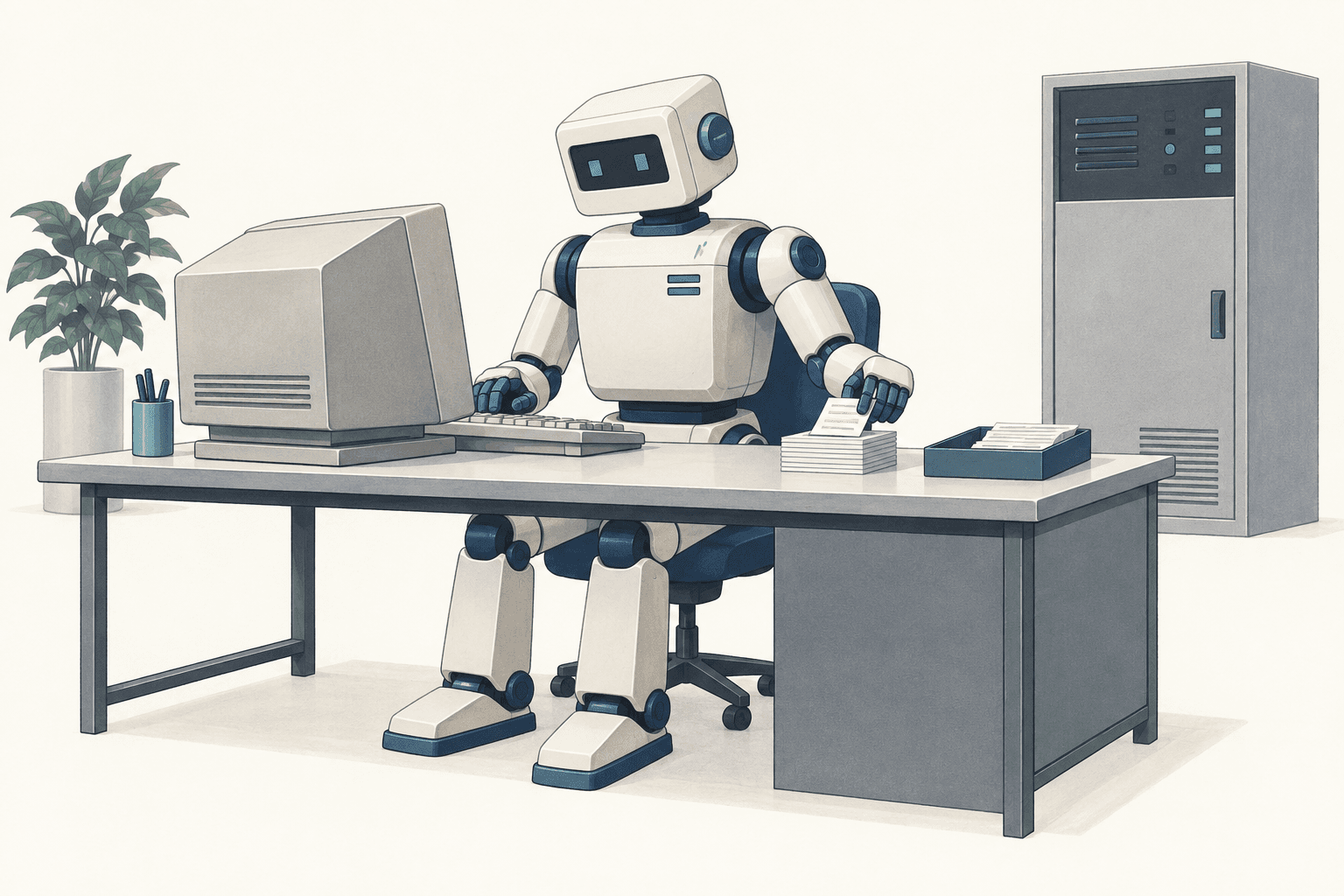 A clearing robot filing settlement records at a desk