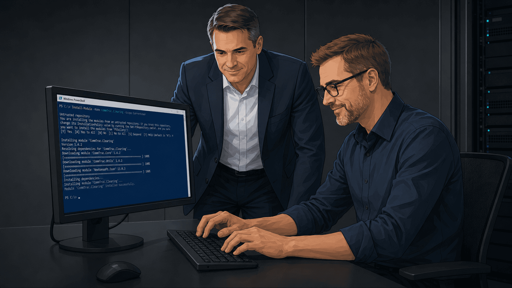 Two engineers installing a Commtrac module from a workstation