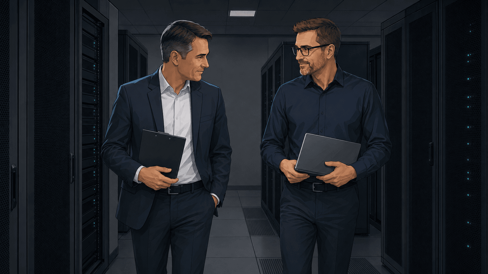 Two operators walking a server aisle with a terminal and a clipboard