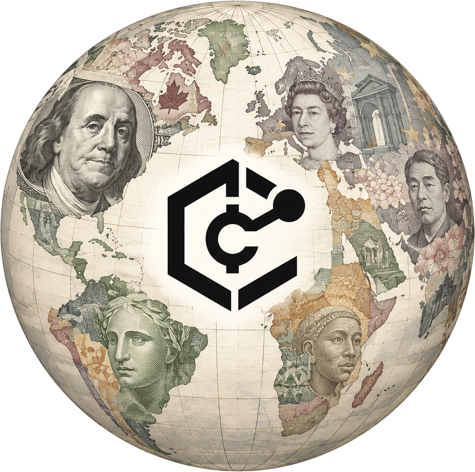 A globe of world banknotes carrying the Comtell mark