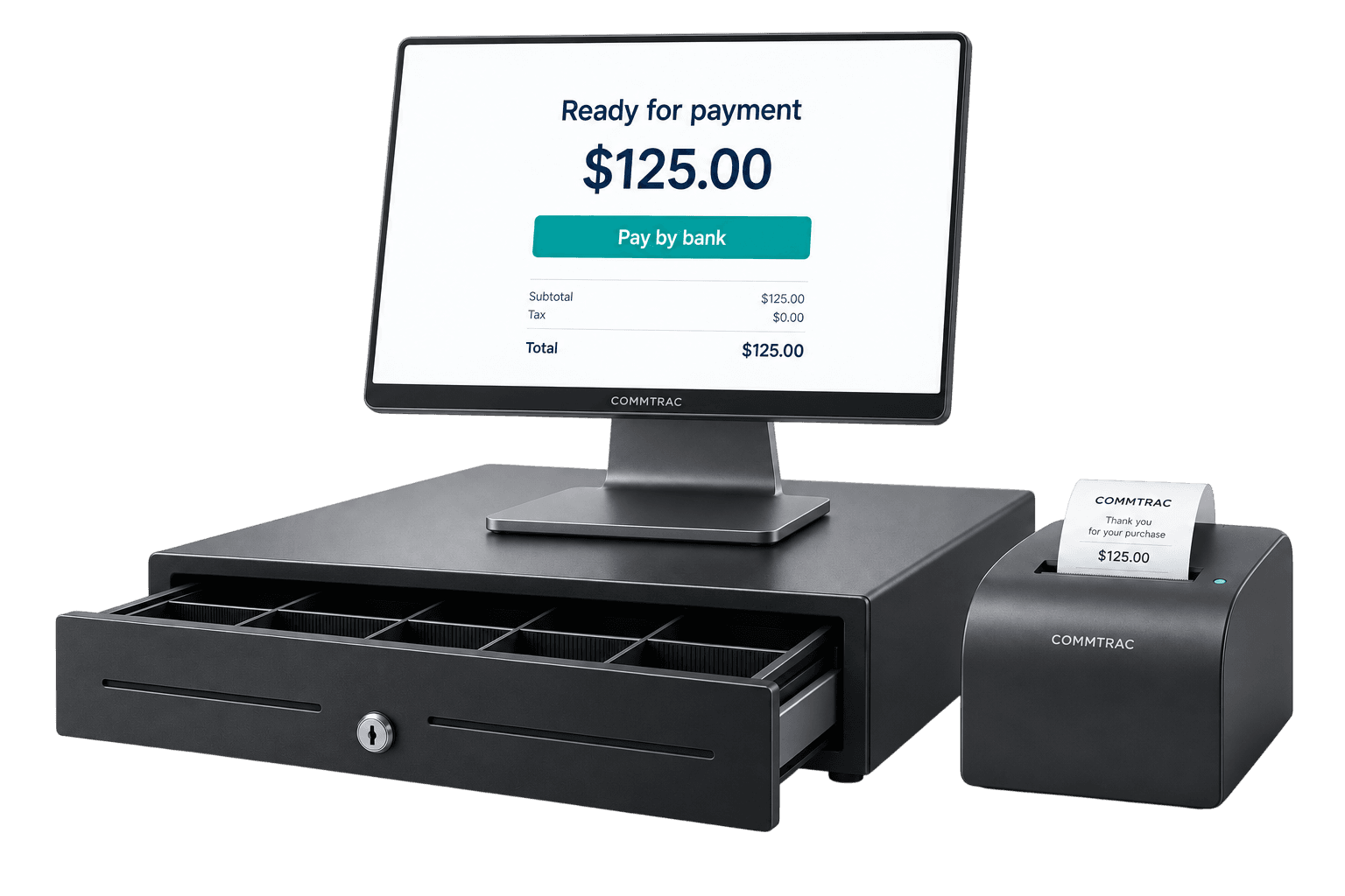 A Commtrac POS terminal, cash drawer, and receipt printer ready for a bank payment