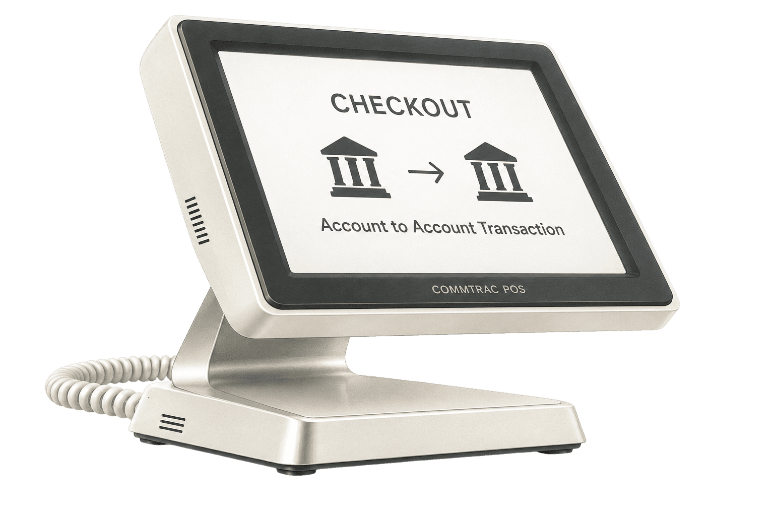 A Commtrac POS countertop terminal showing an account to account checkout